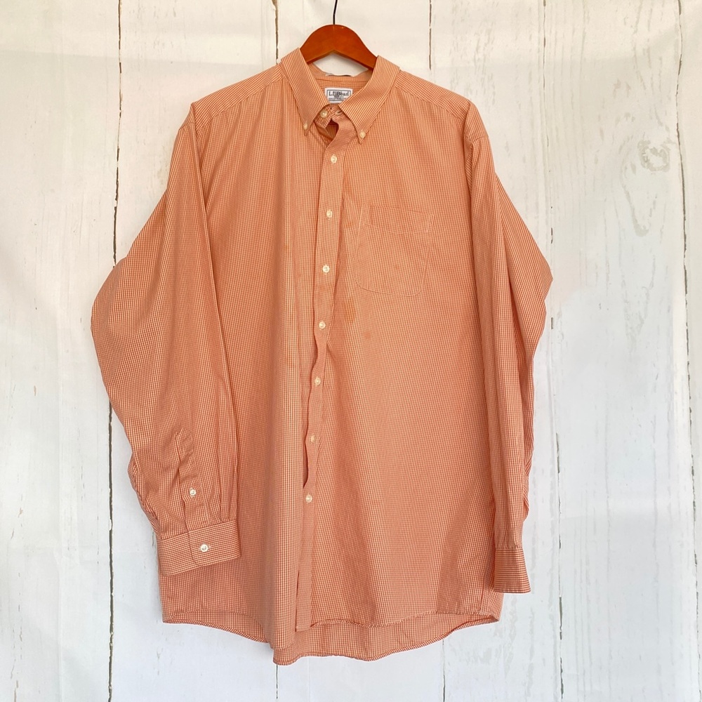 L.L. BEAN Long Sleeve Button Down Shirt Orange White Checkered 18-37 *flaw